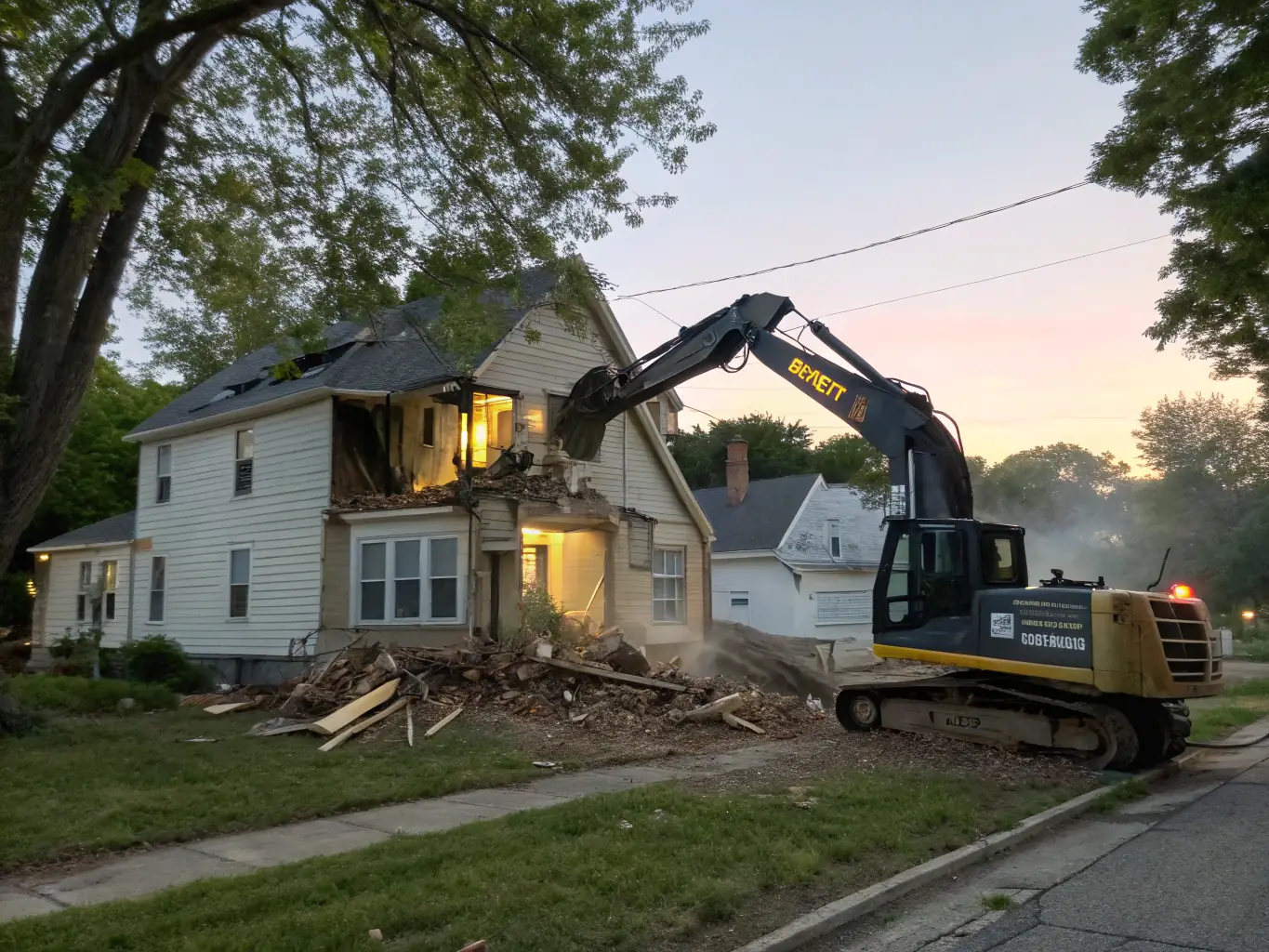 A residential house being carefully demolished, showcasing safety and precision.