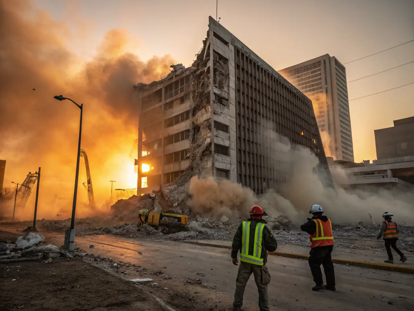 An image of a commercial building being demolished, with controlled implosion or dismantling techniques.